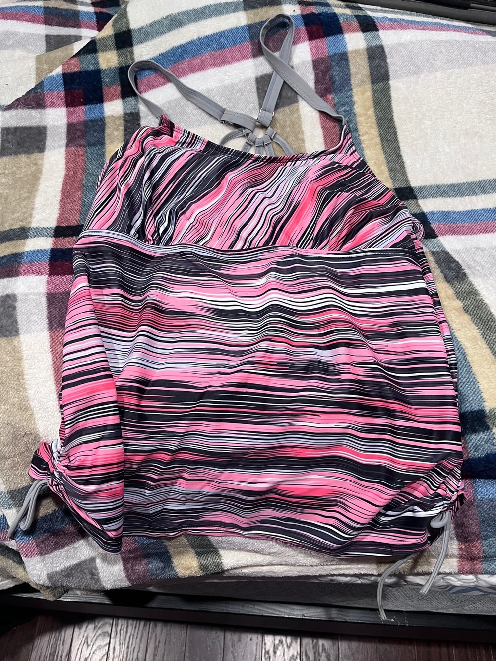 Pink Black Striped Tankini Top - size L